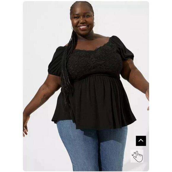 Torrid Black Lace Overlay Babydoll Top Size 5 NWT Puff Sleeve Boho - Picture 1 of 8